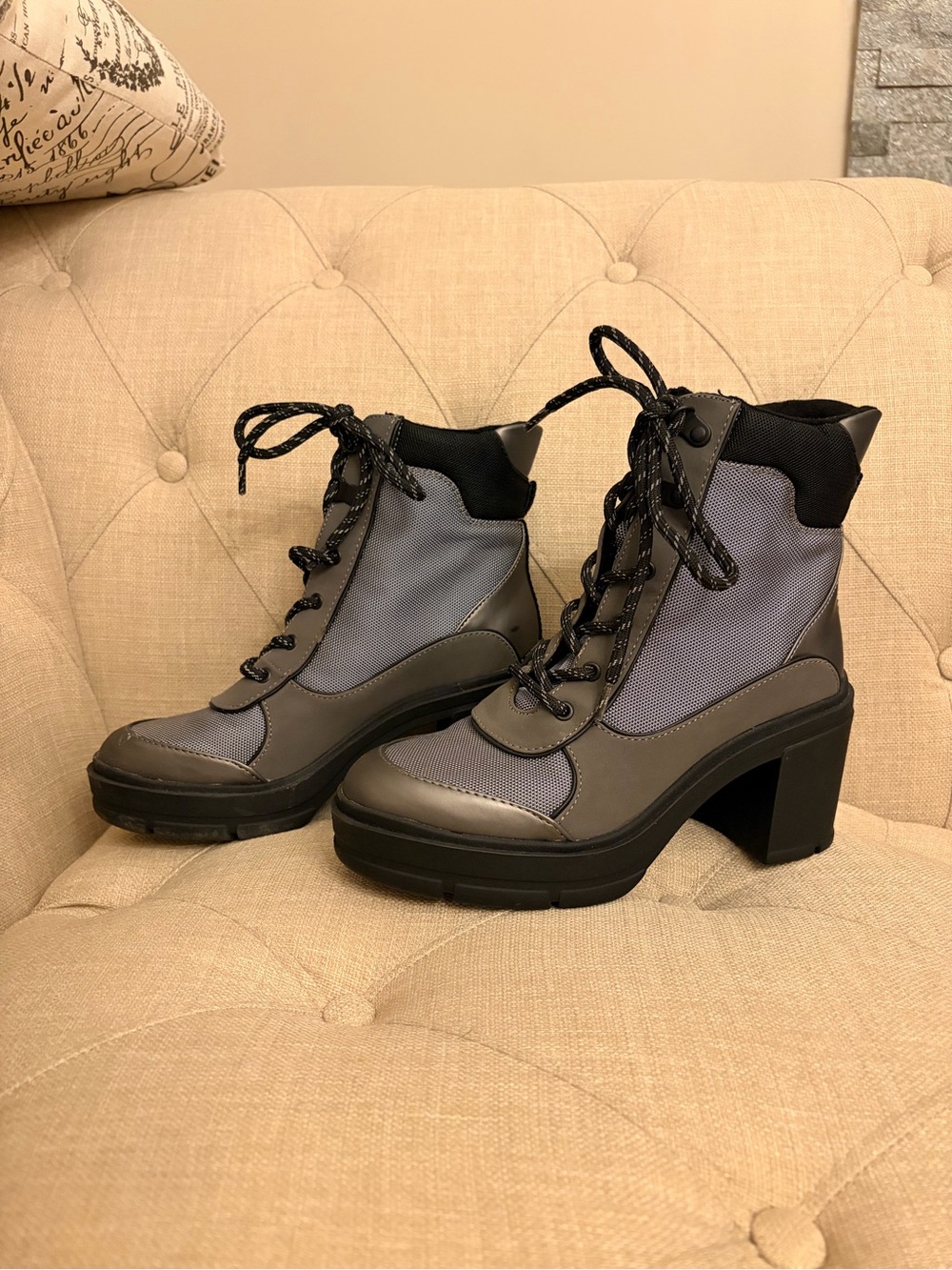 Rocket Dog Gray/Blue Lace-Up Block Heel Combat Boots